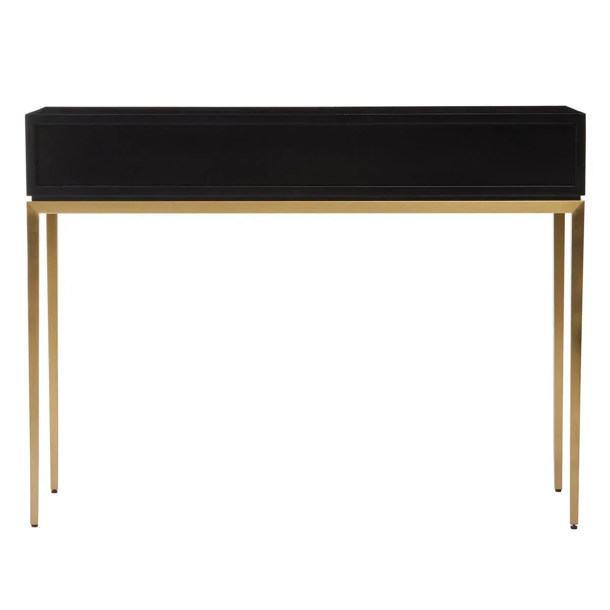 Black console table with gold metal legs and slim modern design