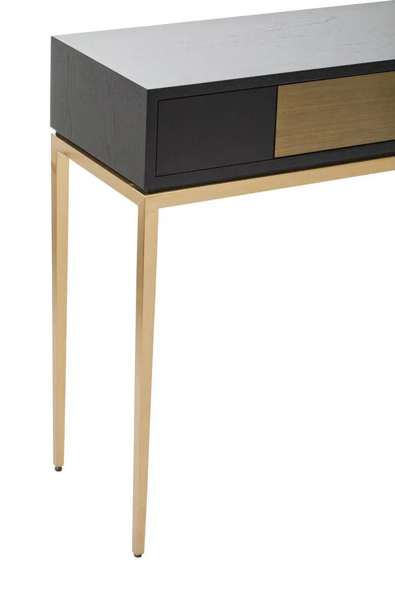 Modern console table with black and gold drawer on slim gold metal legs