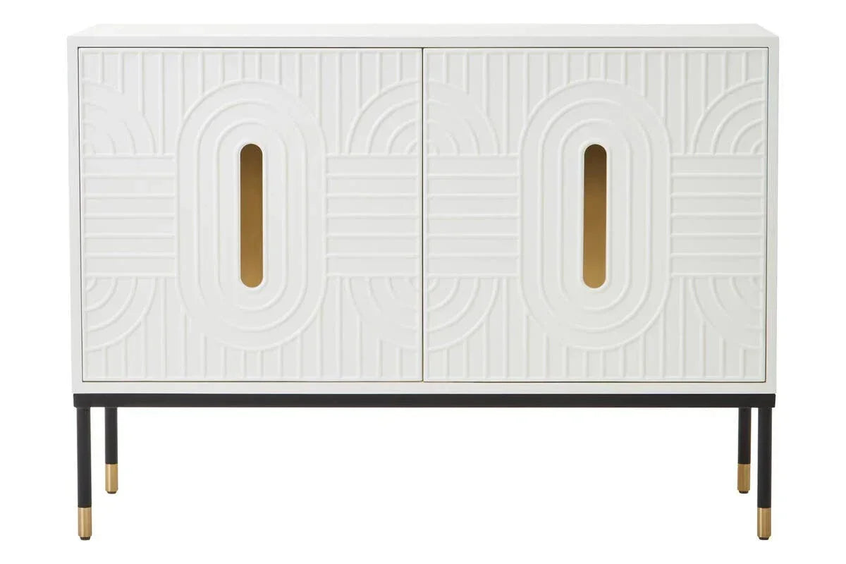 White geometric sideboard with gold accents and black legs, front view