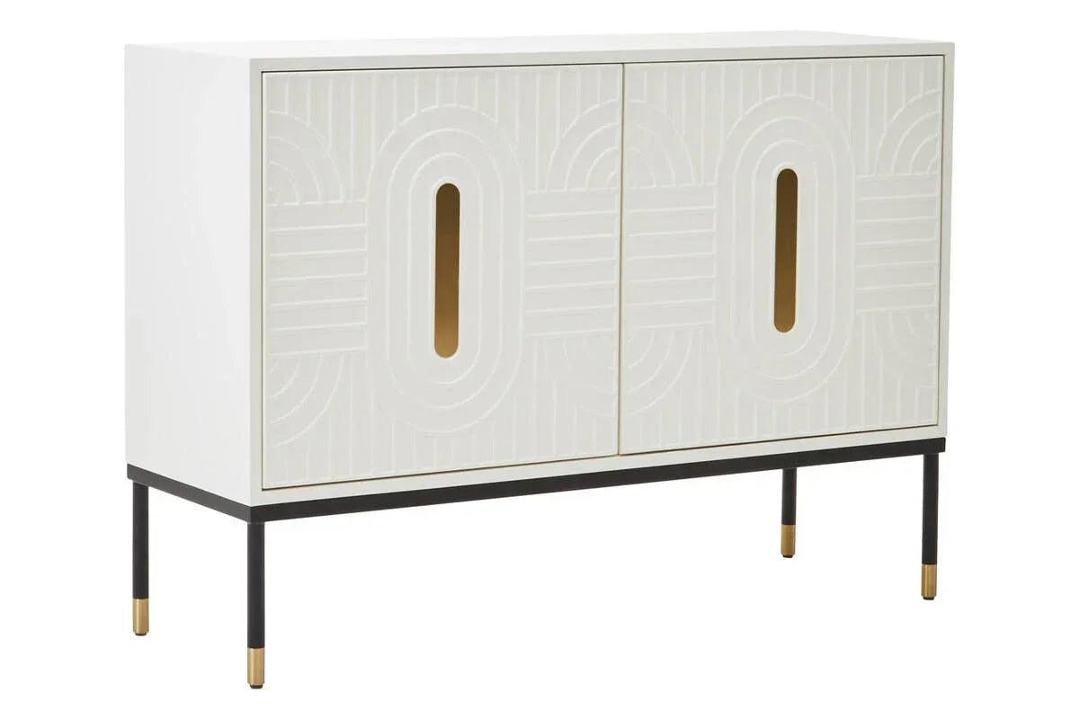 White sideboard cabinet with textured geometric doors and gold accents on black legs