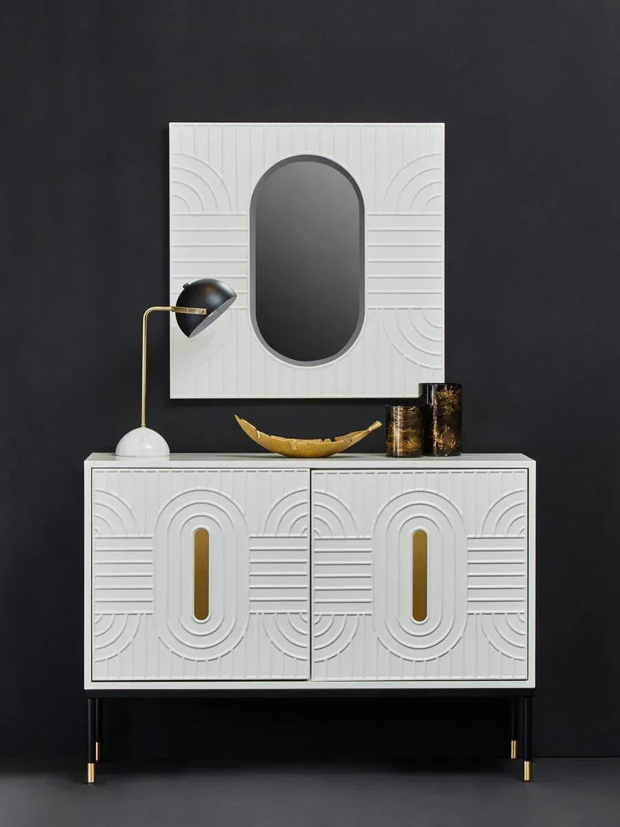 White sideboard cabinet with gold details and matching wall mirror against black background