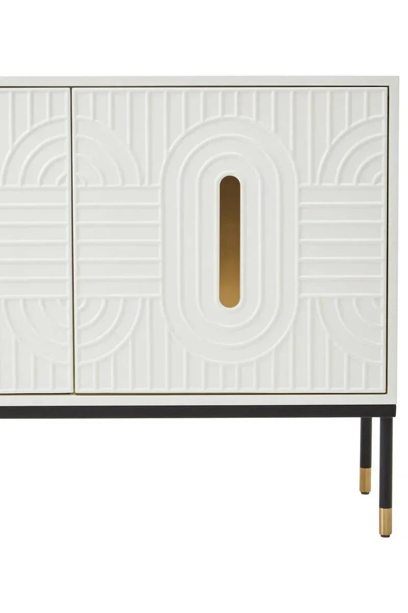 White sideboard with geometric embossed doors, gold handle detail, and black metal legs