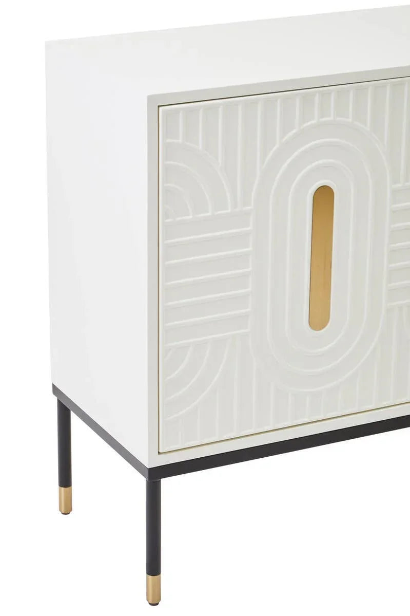 White sideboard with embossed front, gold accent handle, and black metal legs