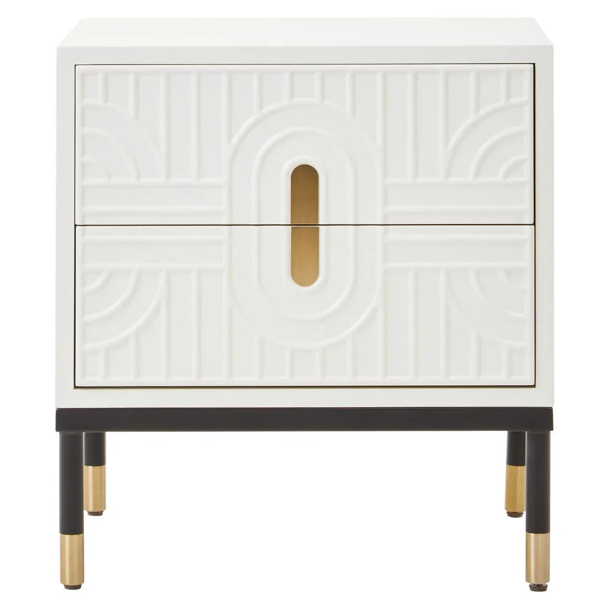 White bedside table with geometric pattern, gold accents and black legs, front view