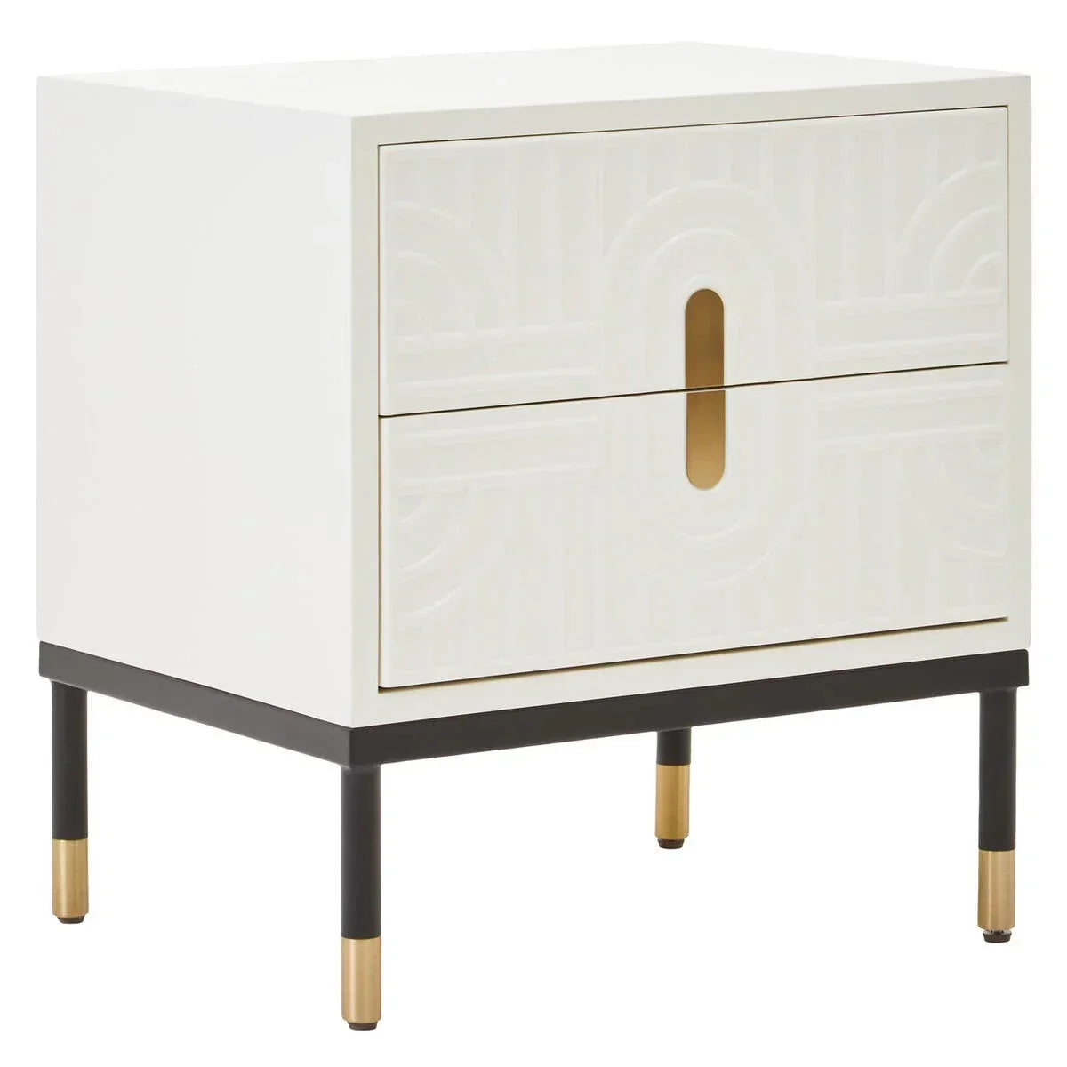 White bedside table with two drawers, geometric front design, black legs, gold accents