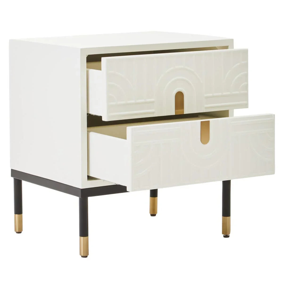 White bedside table with two open drawers, geometric fronts, black legs and gold tips