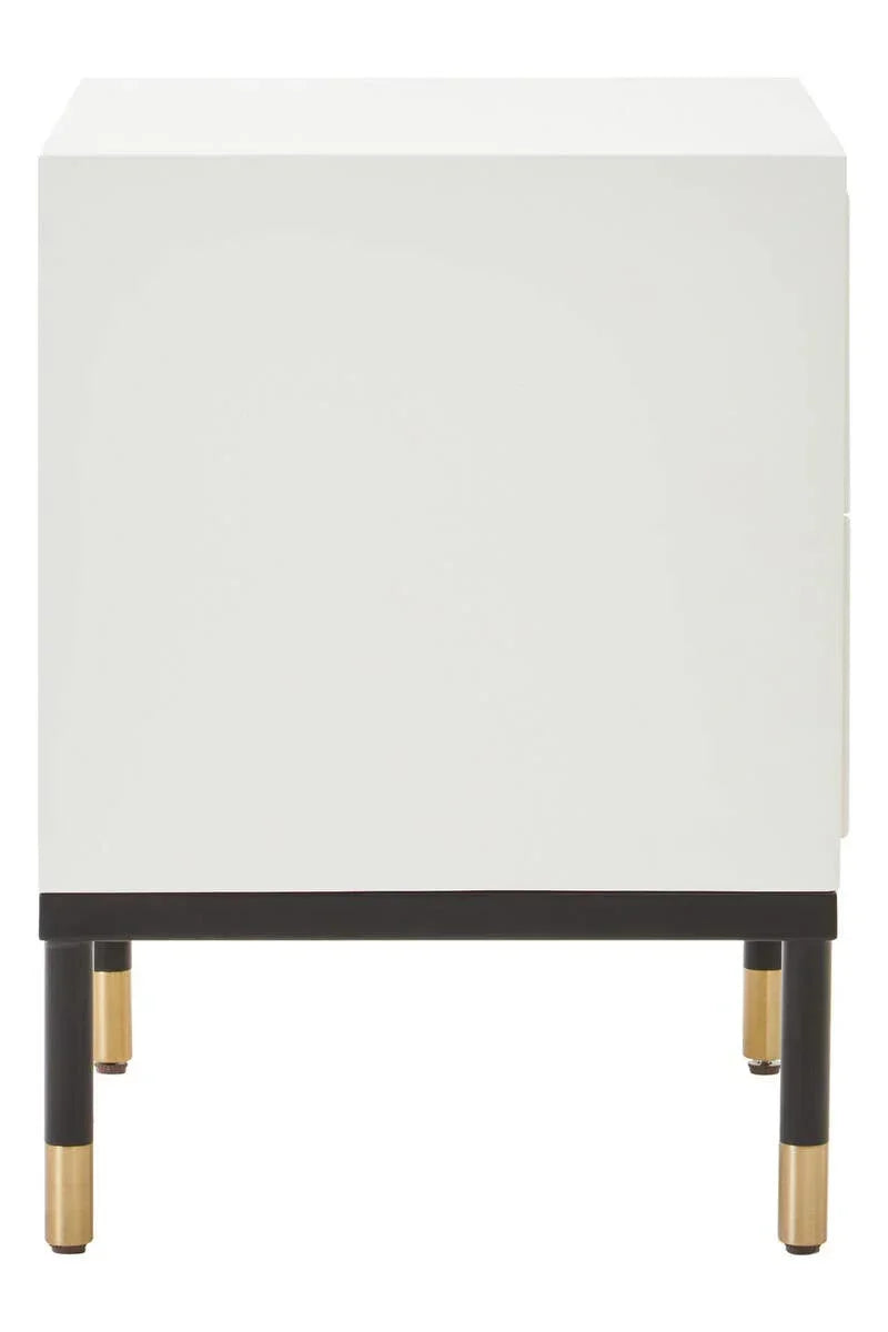 White bedside table with black and gold legs, front view