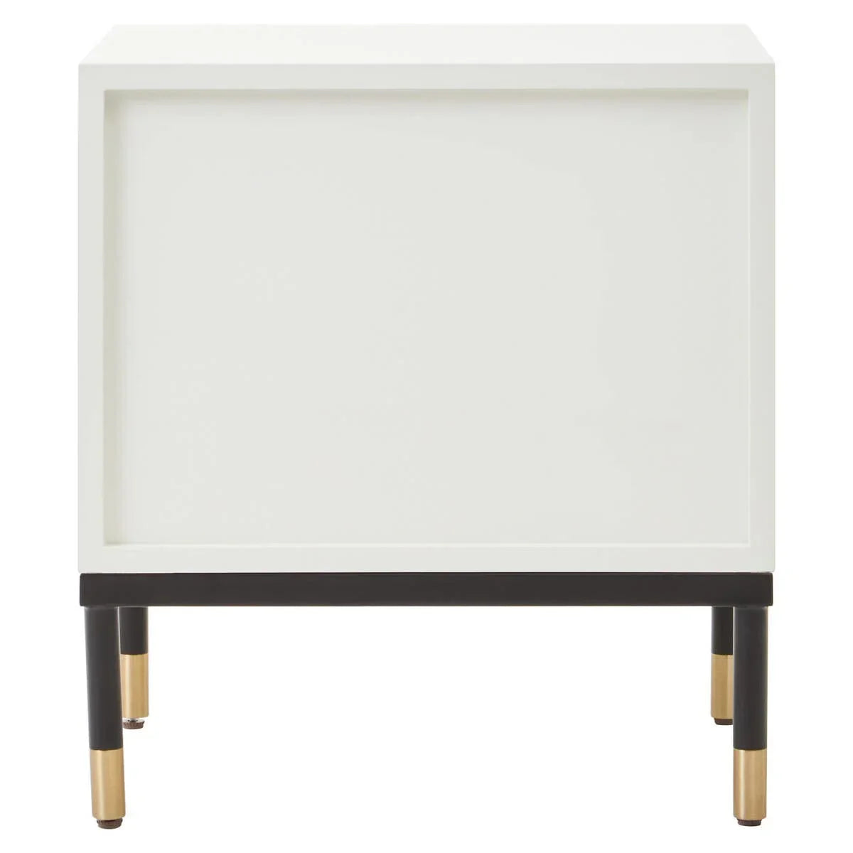White bedside table with black and gold metal legs, rear angle view
