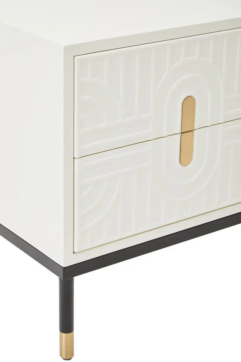 White bedside table with embossed drawers, gold handles and black metal legs