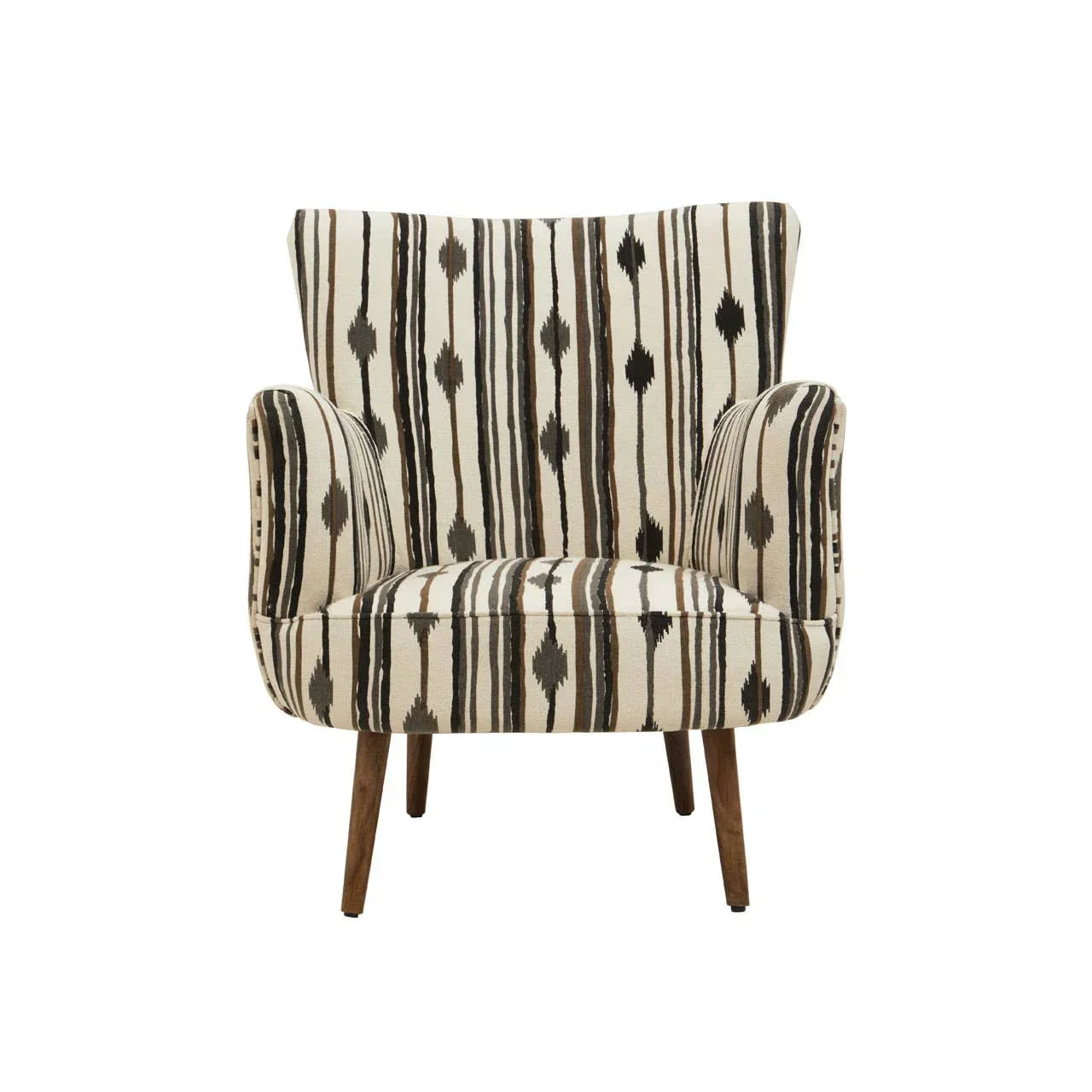 Upholstered accent armchair with black and beige striped pattern and wooden legs