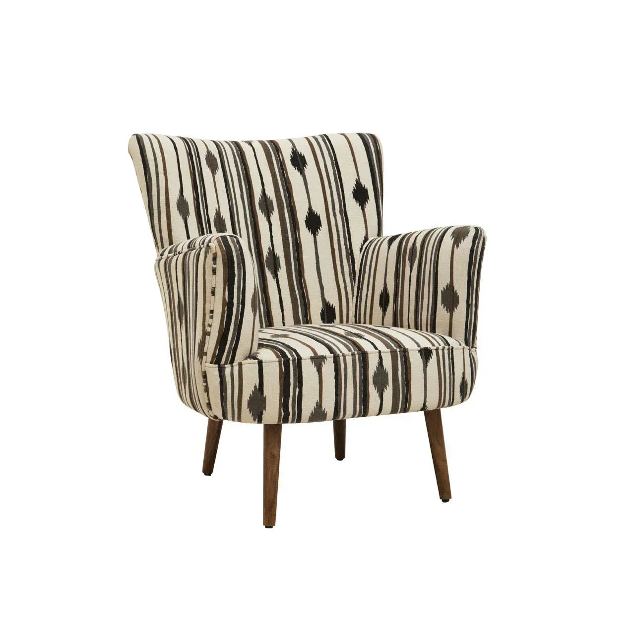 Patterned accent armchair with black and beige upholstery and wooden legs, front angle view