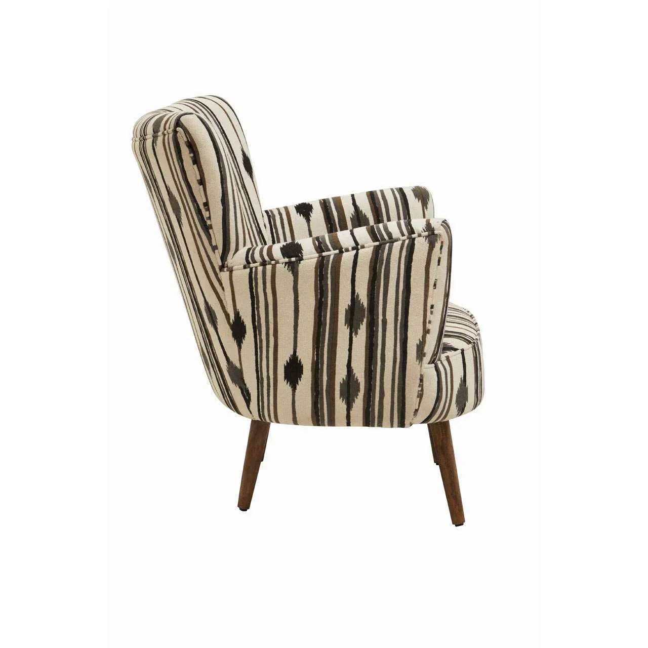 Striped accent chair with wooden legs in side profile