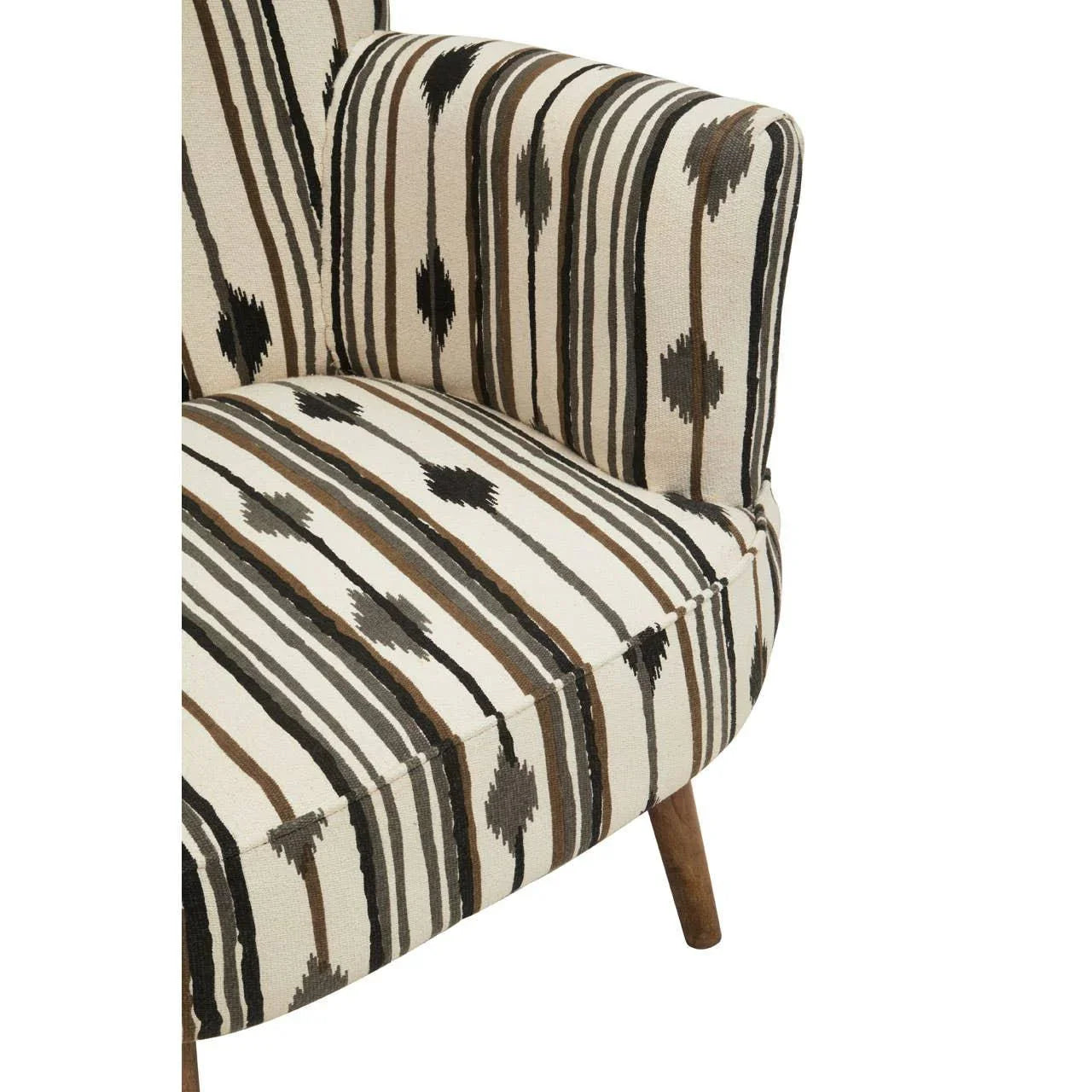 Striped accent chair with earth tone upholstery and wooden legs, close-up view