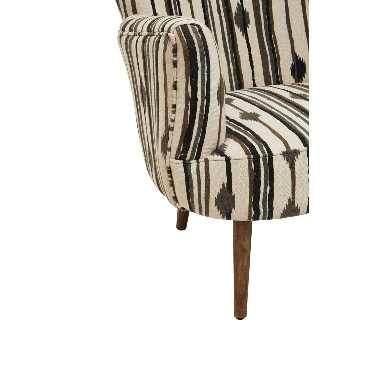 Striped accent chair with brown wooden legs and patterned fabric upholstery, side view