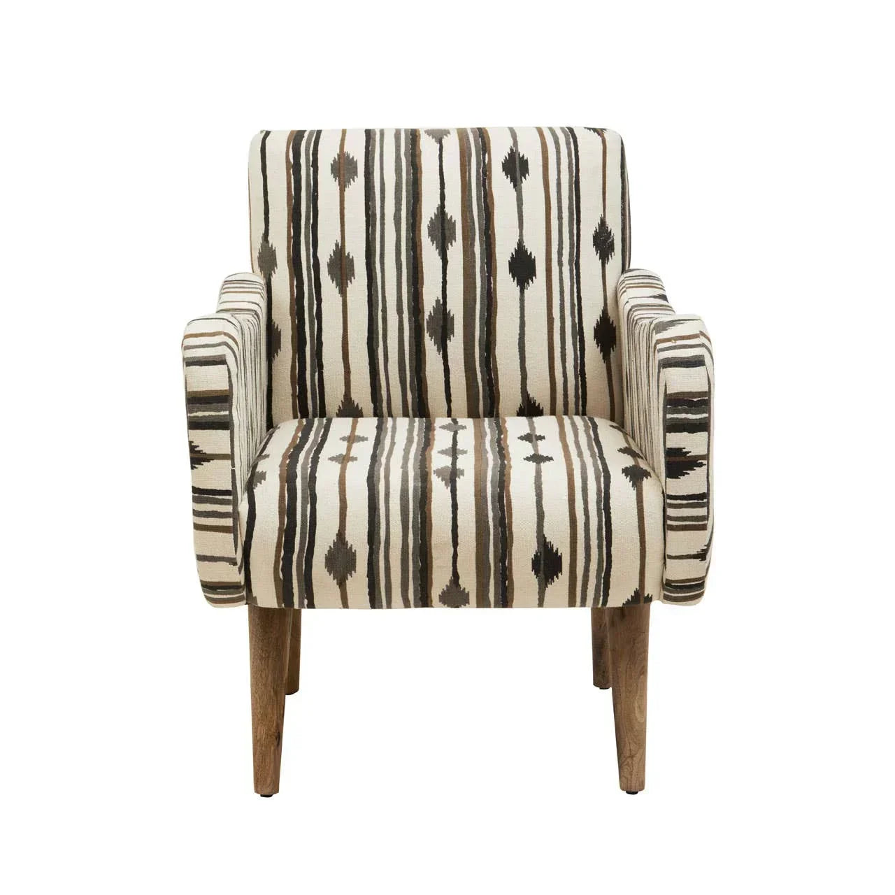 Patterned armchair with striped fabric and wooden legs, viewed from the front