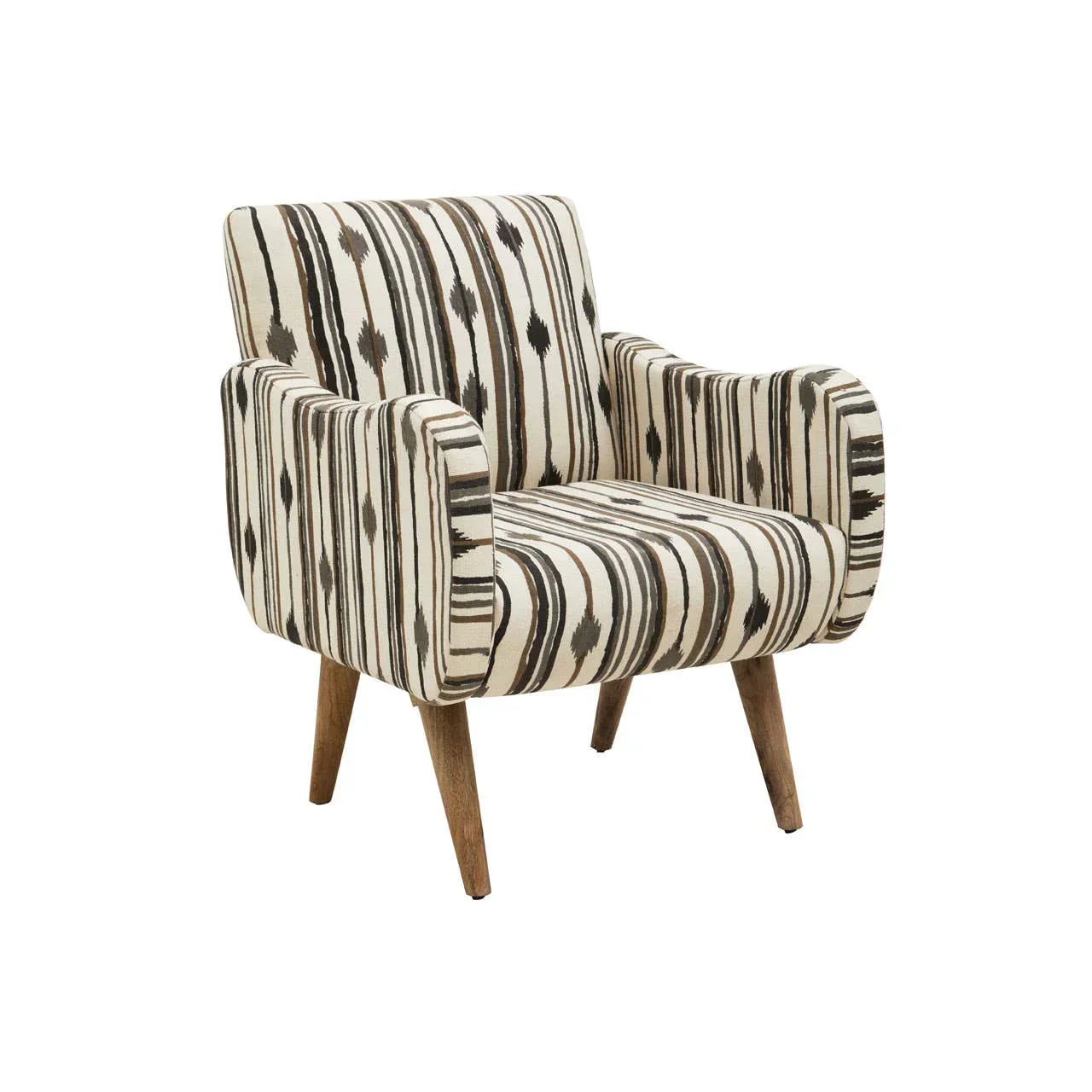 Accent armchair with black and cream striped upholstery and wooden legs on white background