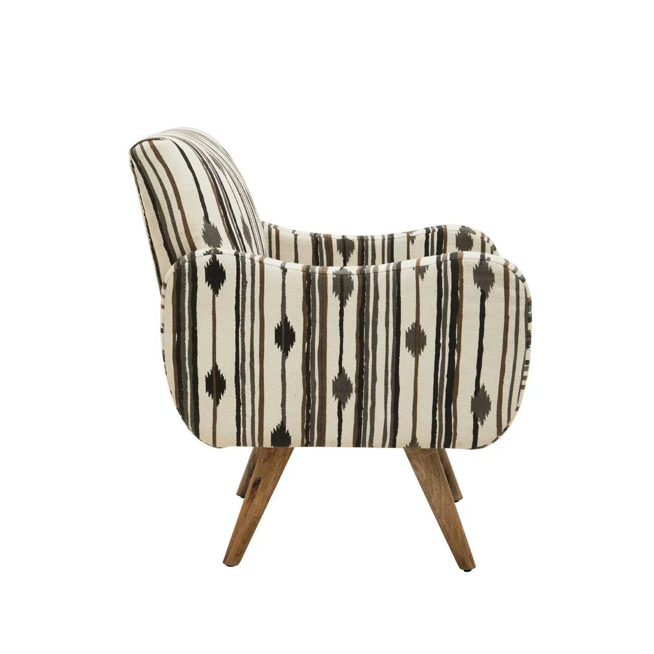 Striped accent chair with patterned upholstery and angled wooden legs, side view