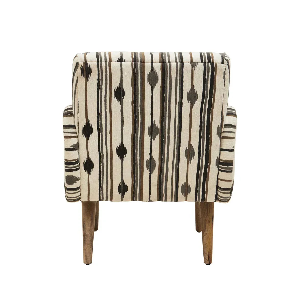 Striped accent chair with brown wooden legs shown from the back