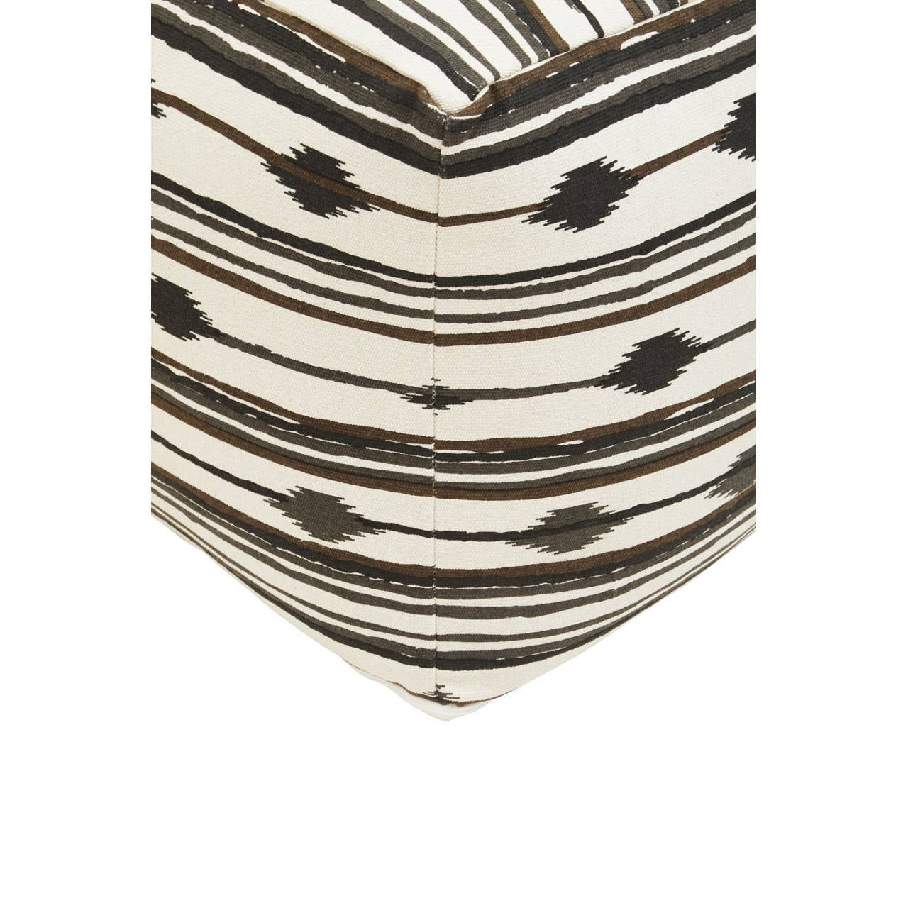 Square pouffe featuring a geometric pattern with alternating black and cream stripes, creating a modern and stylish look. The design includes small dots and lines, adding texture and visual interest