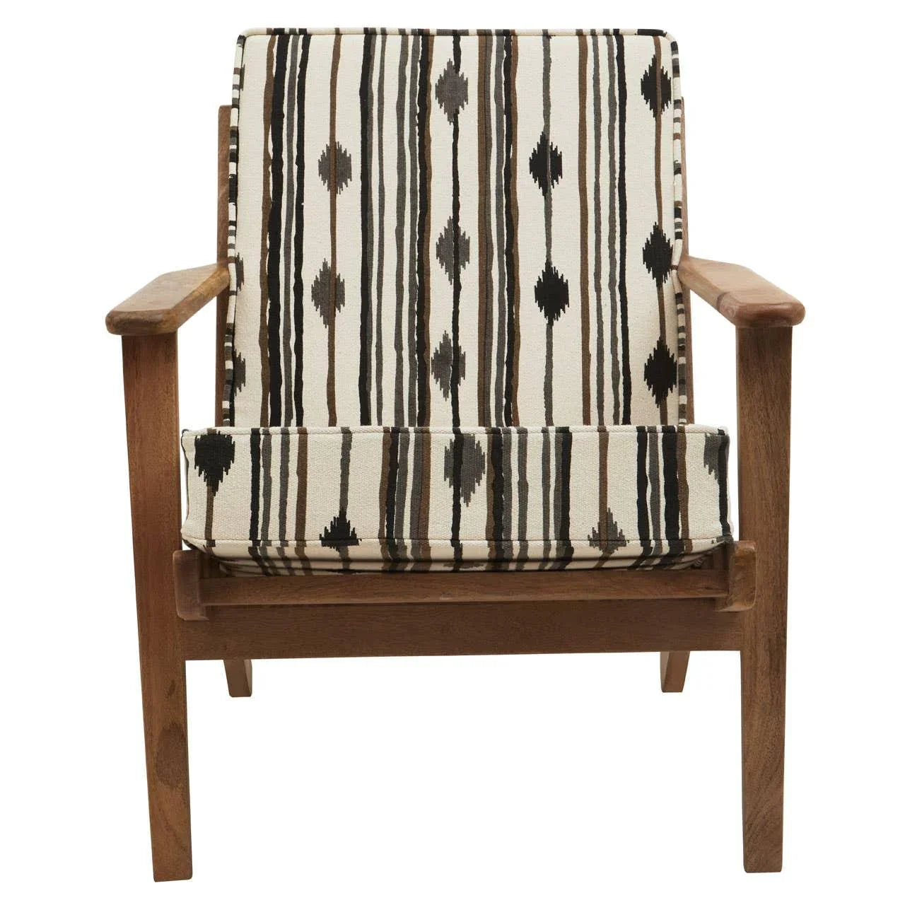 Wooden armchair with striped and diamond pattern upholstered cushions, front view