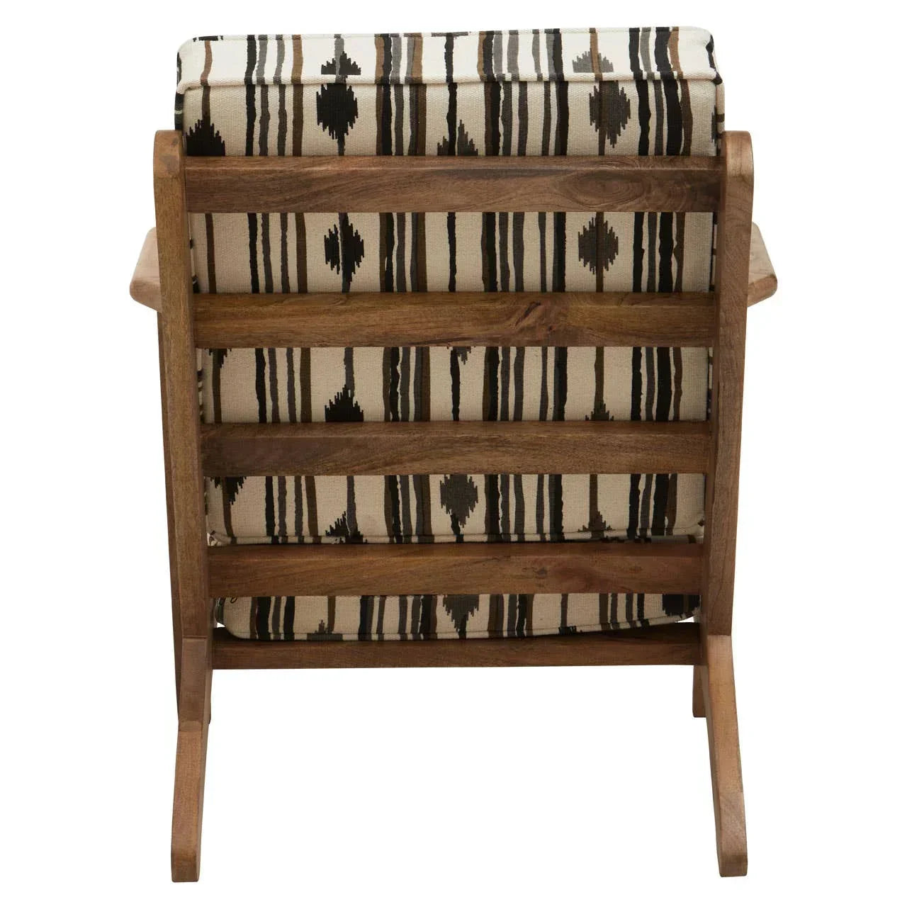 Wooden accent chair with slatted back and patterned fabric upholstery, rear view