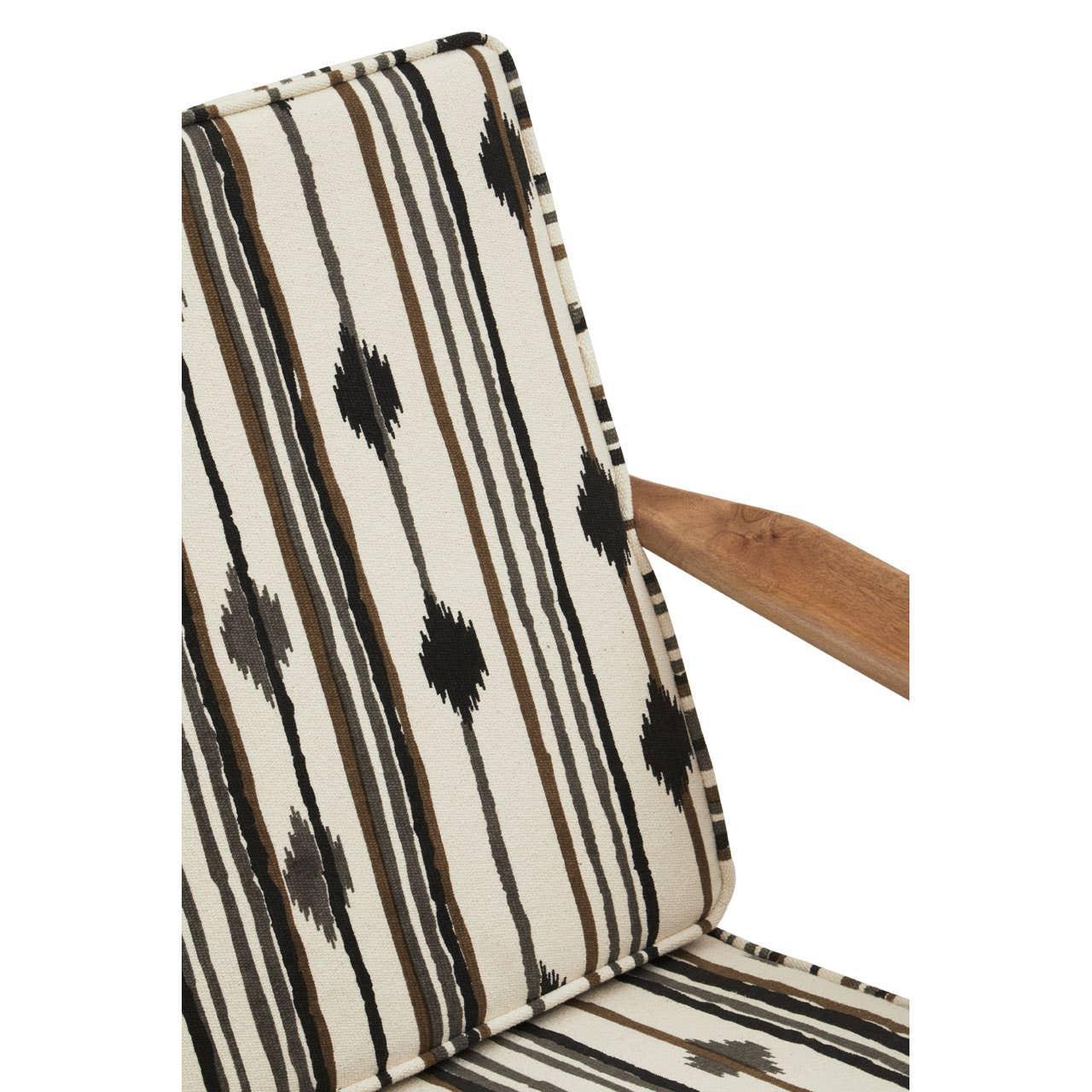 Patterned upholstered chair with wooden armrest and geometric brown black cream fabric