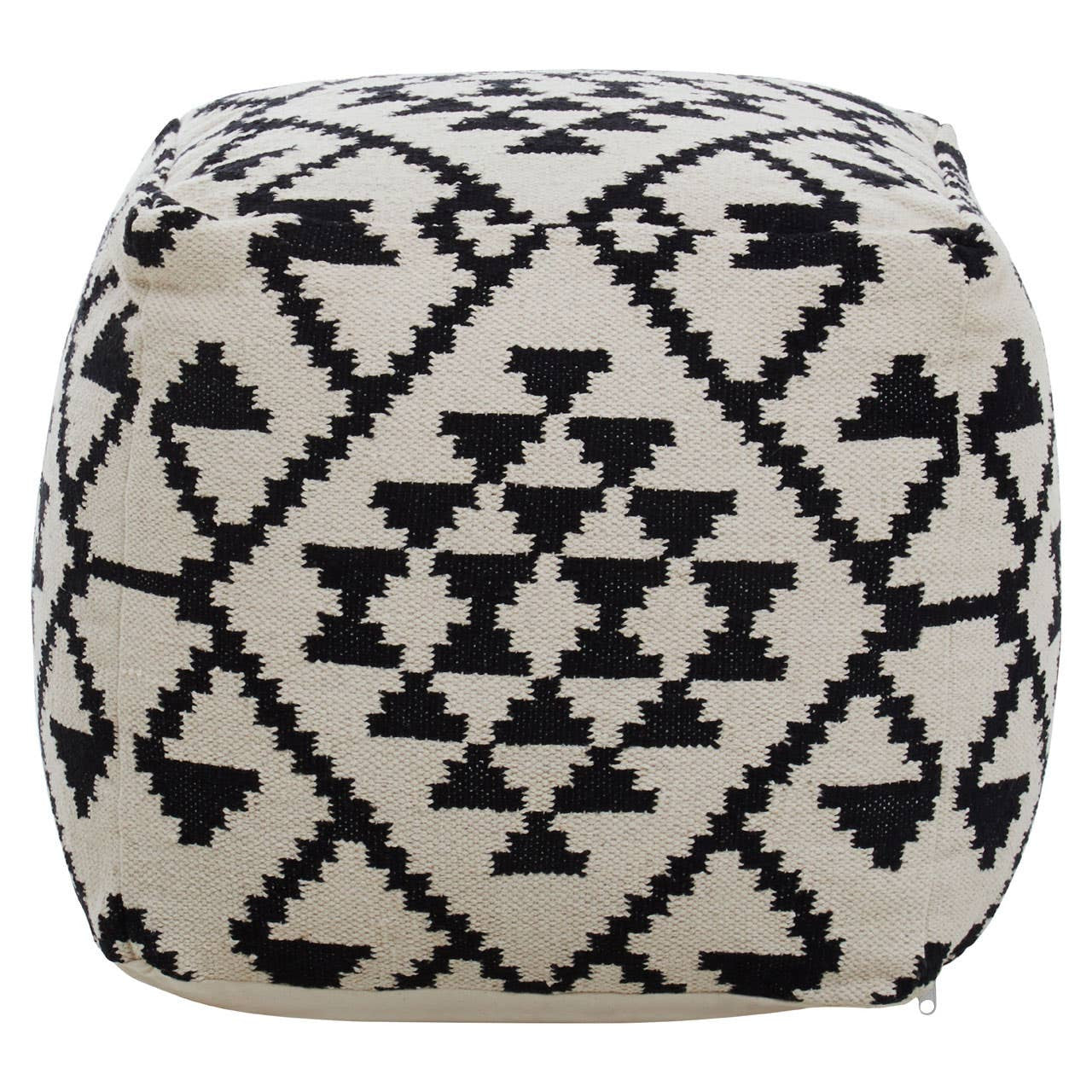 Square pouffe featuring a black and white geometric pattern with triangles and diamonds, designed for home decor. The pouffe has a soft, textured surface and rounded edges, making it suitable for use as a footrest or additional seating