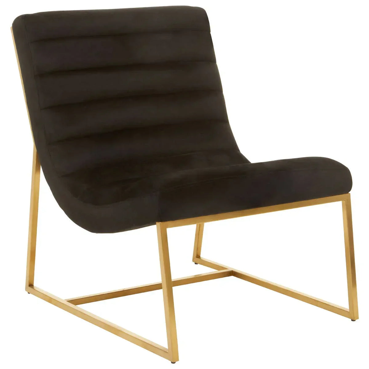 Black velvet accent chair with gold metal frame and horizontal stitched seat design