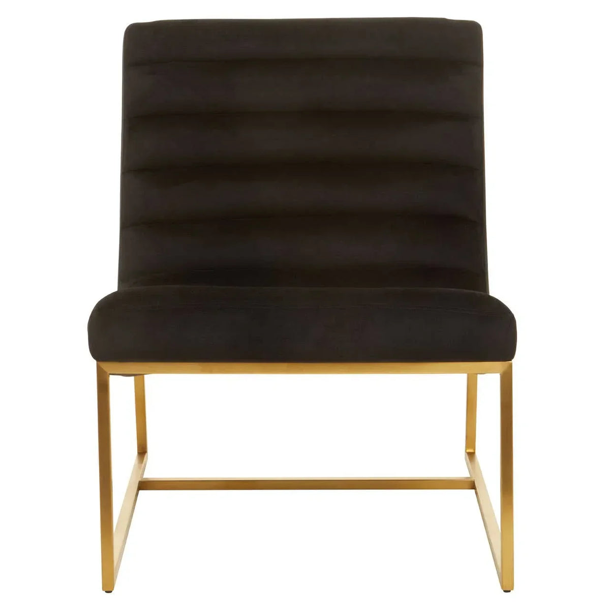 Black velvet accent chair with gold metal frame, front view