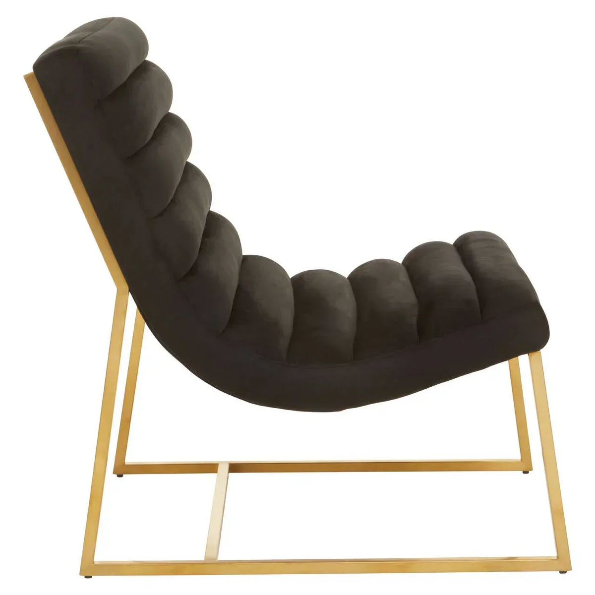 Black velvet accent chair with gold metal frame, side profile view