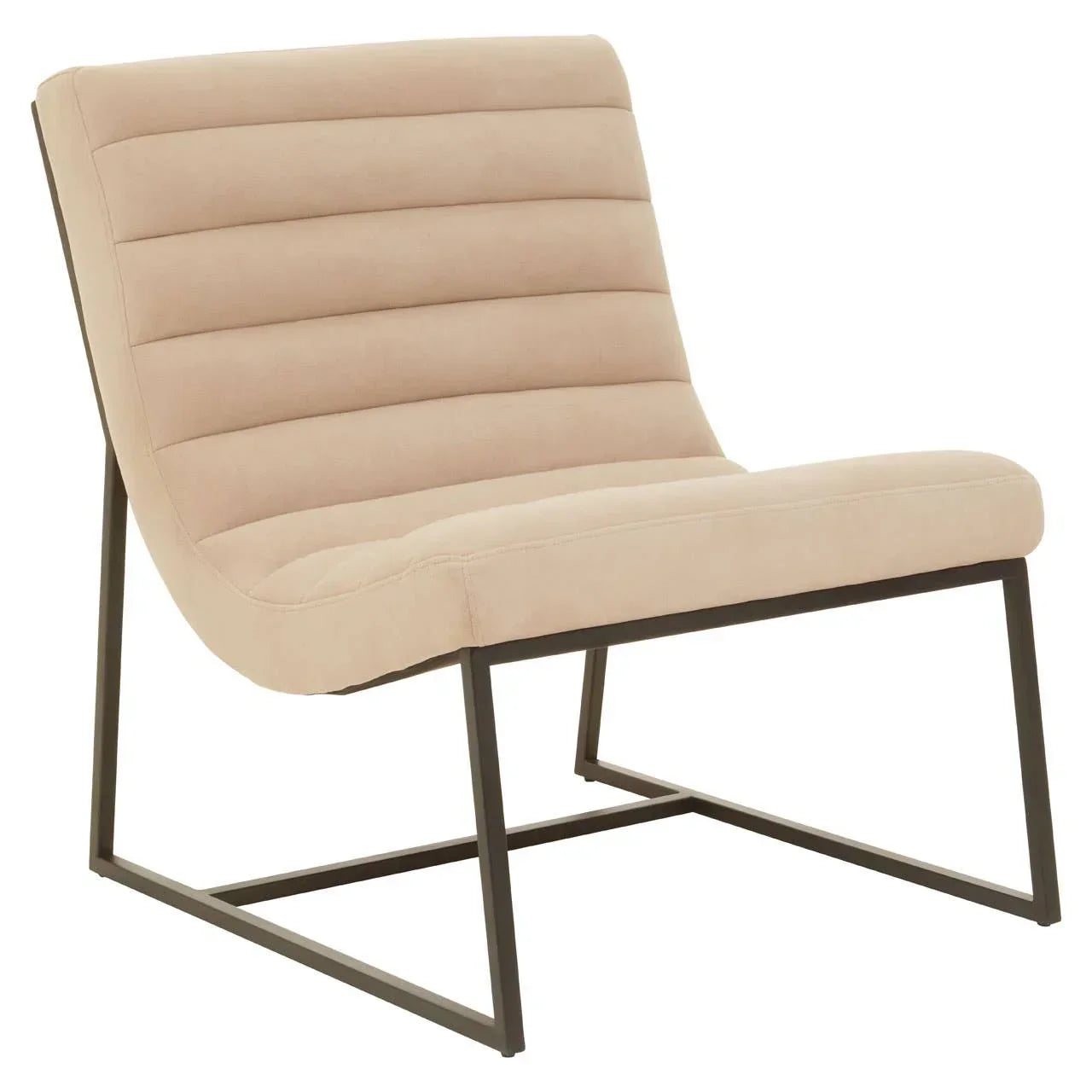Beige accent chair with metal frame and horizontal stitched upholstery, side angle view