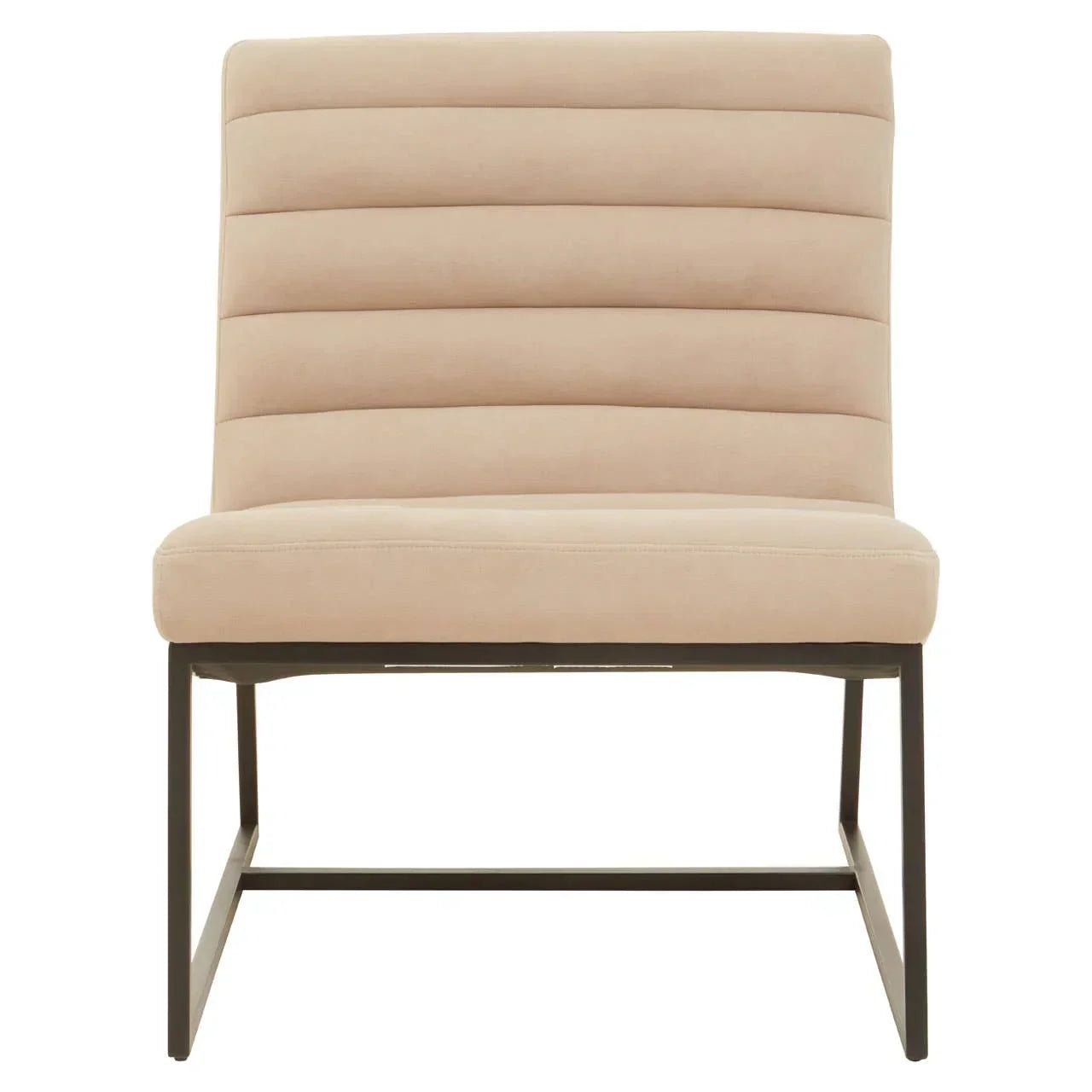 Beige upholstered dining chair with horizontal stitching and black metal legs, front view