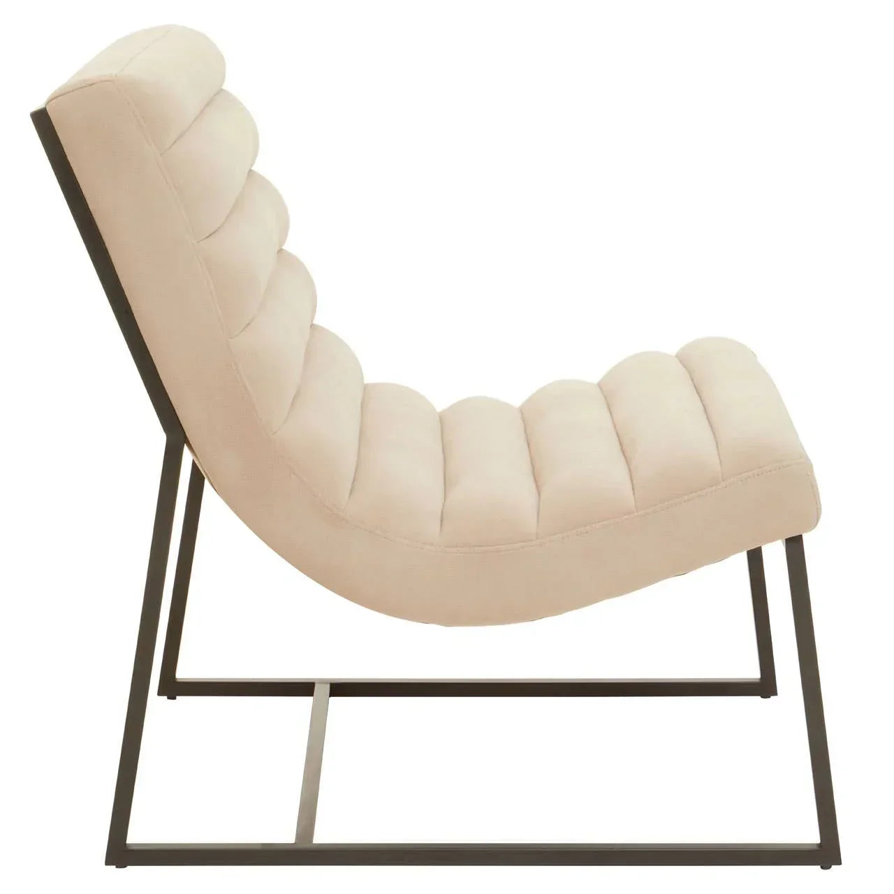Beige accent chair with tufted upholstery and black metal frame, side angle view