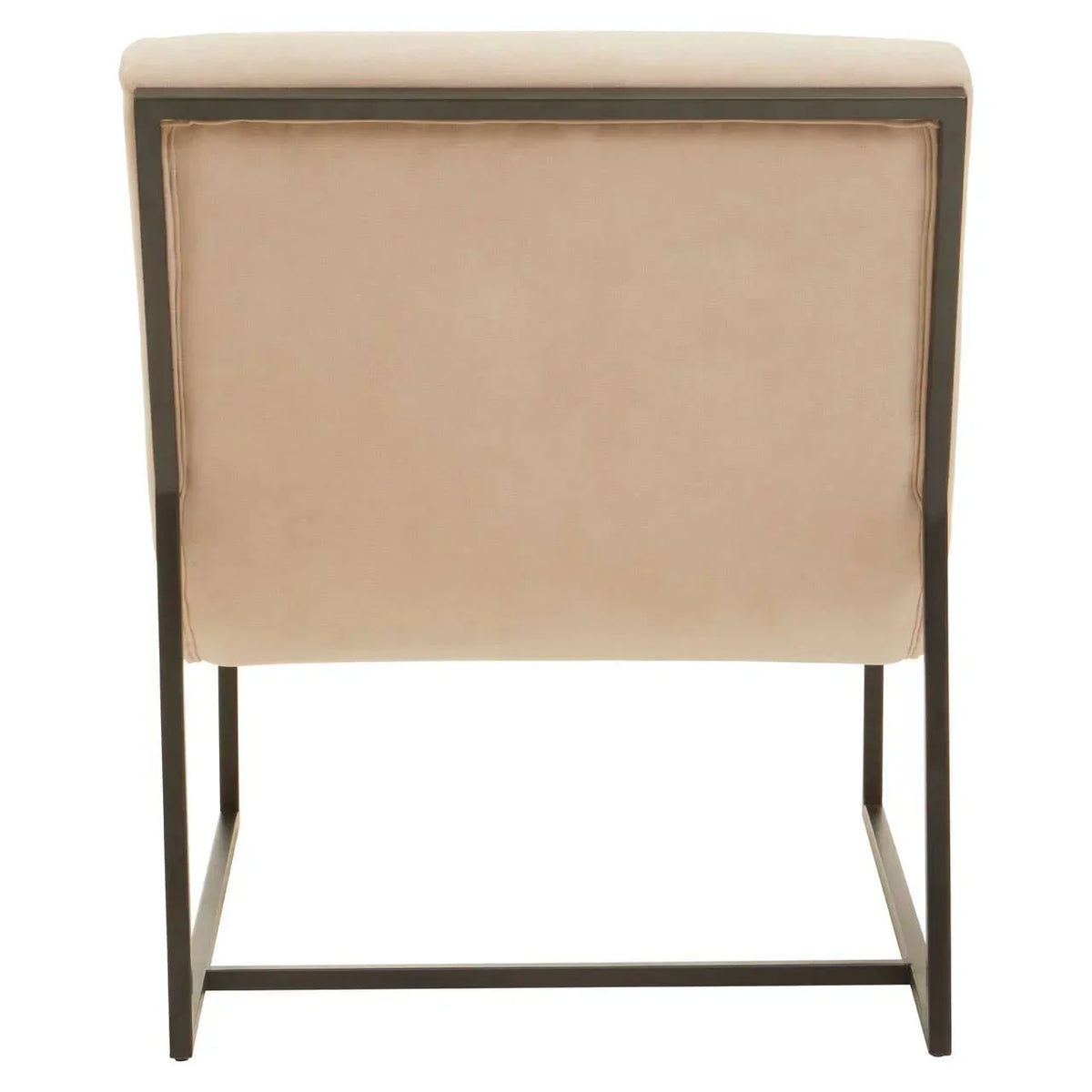 Beige velvet accent chair with black metal frame shown from the back