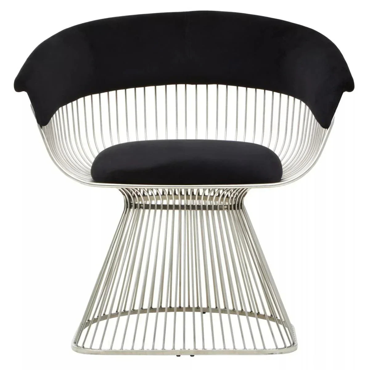 Modern wire dining chair with black velvet seat and backrest, stainless steel frame, front view