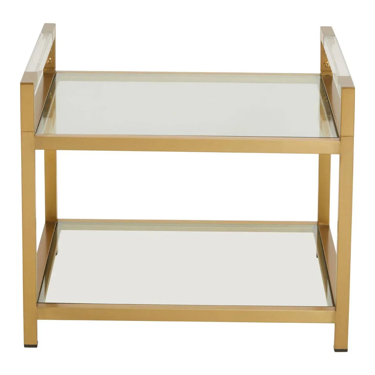 Gold metal side table with two glass shelves, front view