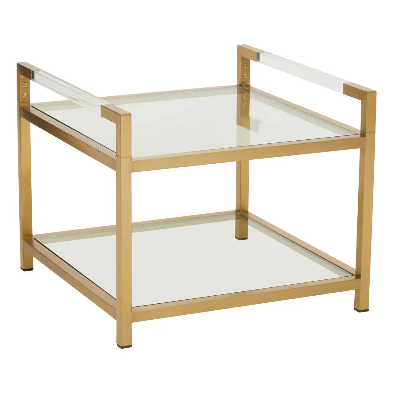 Gold frame glass side table with clear acrylic handles and lower shelf