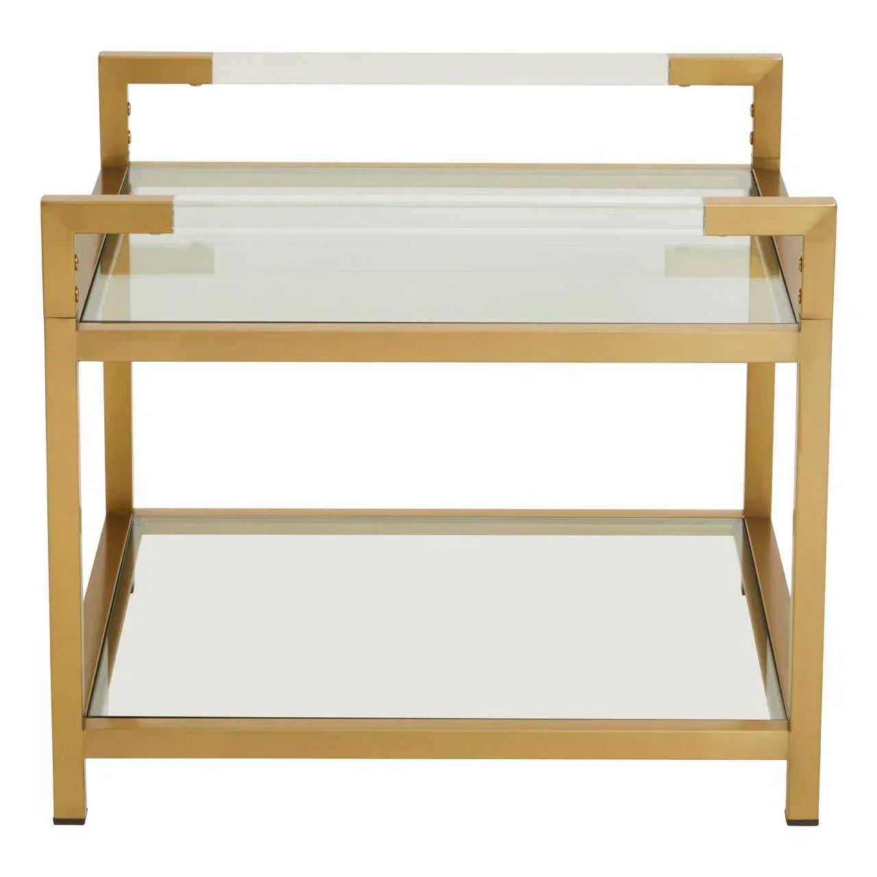 Gold metal and glass console table with two shelves, modern open frame design, front view