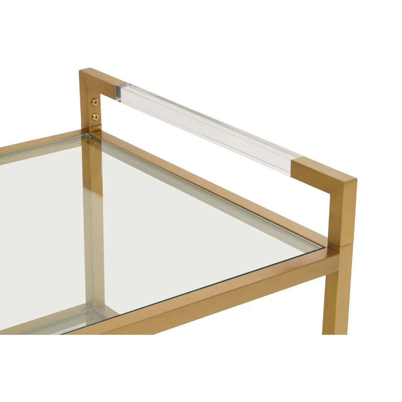 Gold metal and glass side table corner with clear acrylic handle detail