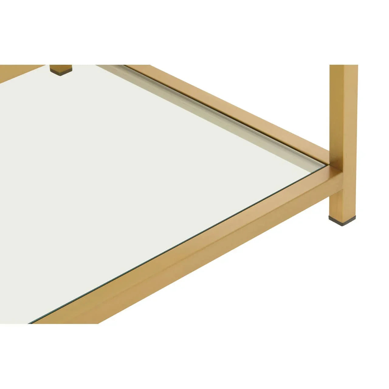 Gold metal coffee table frame with clear glass shelf closeup