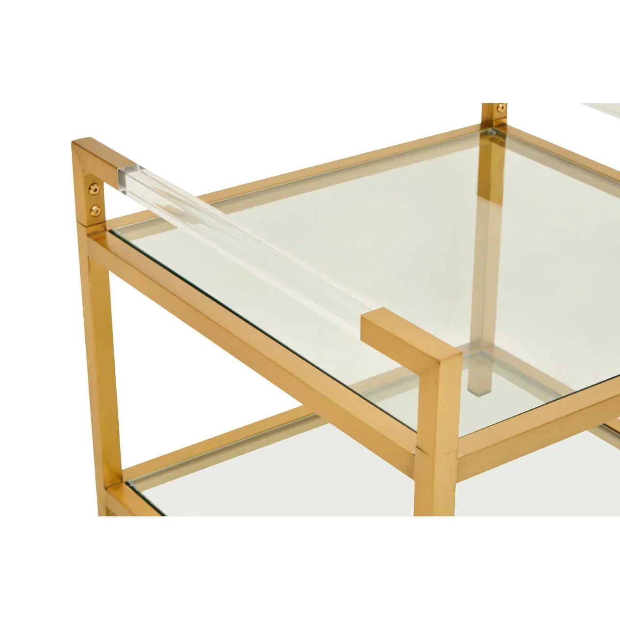 Glass coffee table with gold metal frame and clear acrylic bar detail, angled corner view