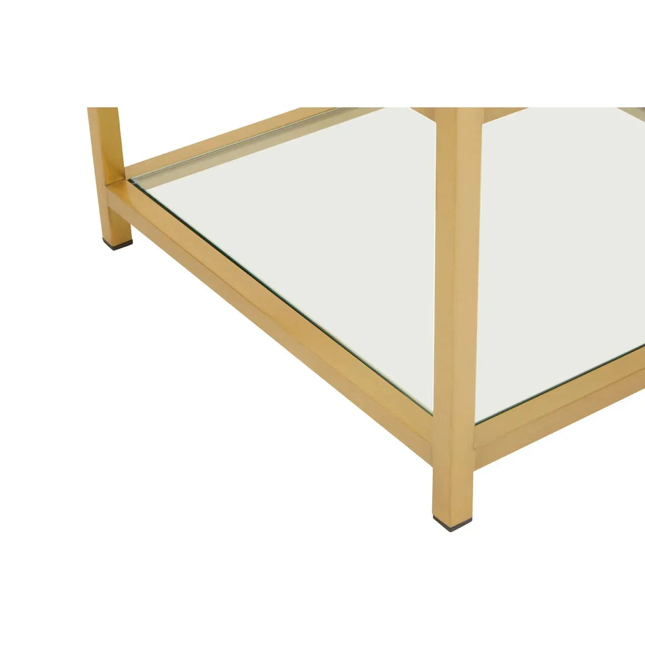 Gold metal frame coffee table with glass shelf, close-up of corner and leg design
