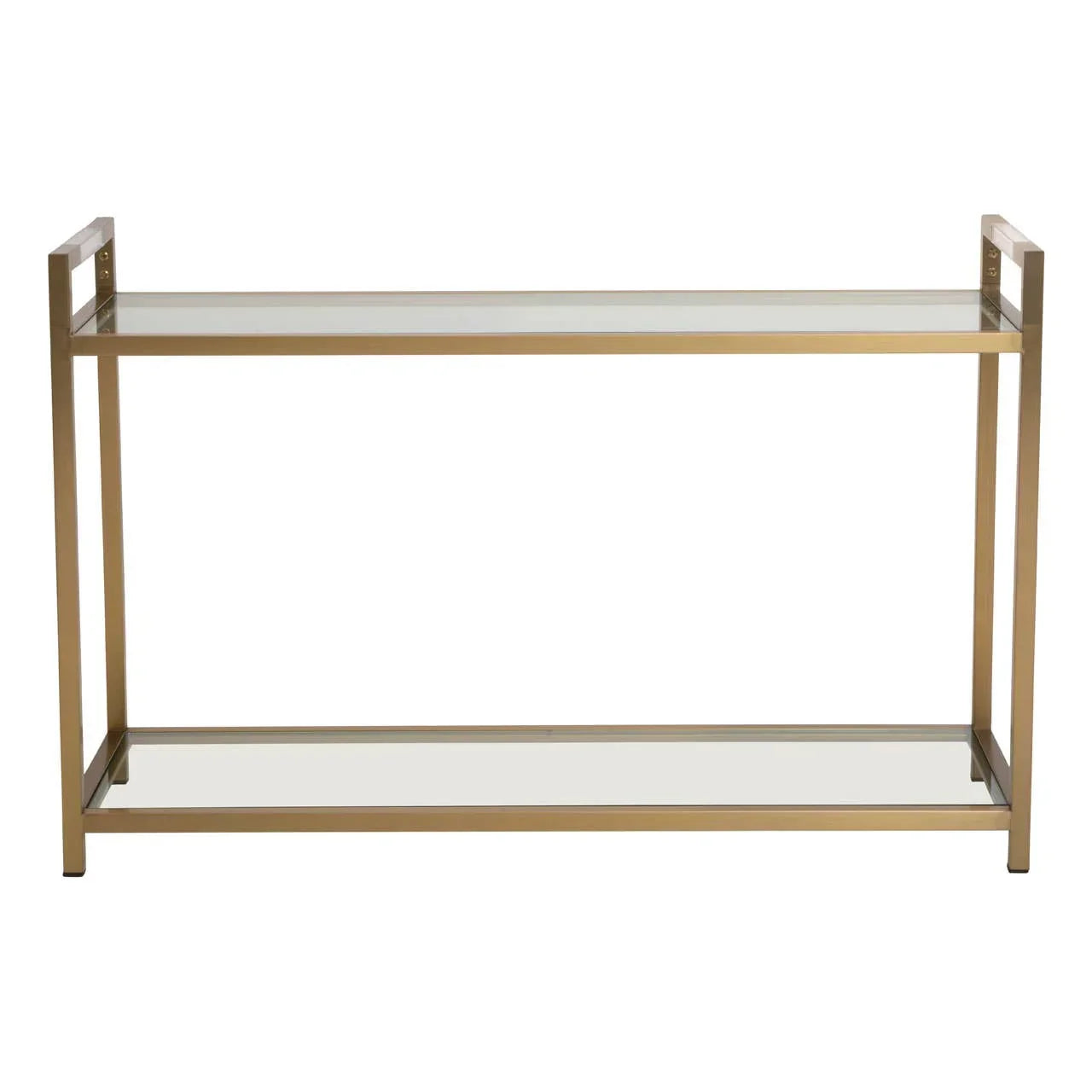 Gold metal and glass console table with two shelves, modern slim frame design