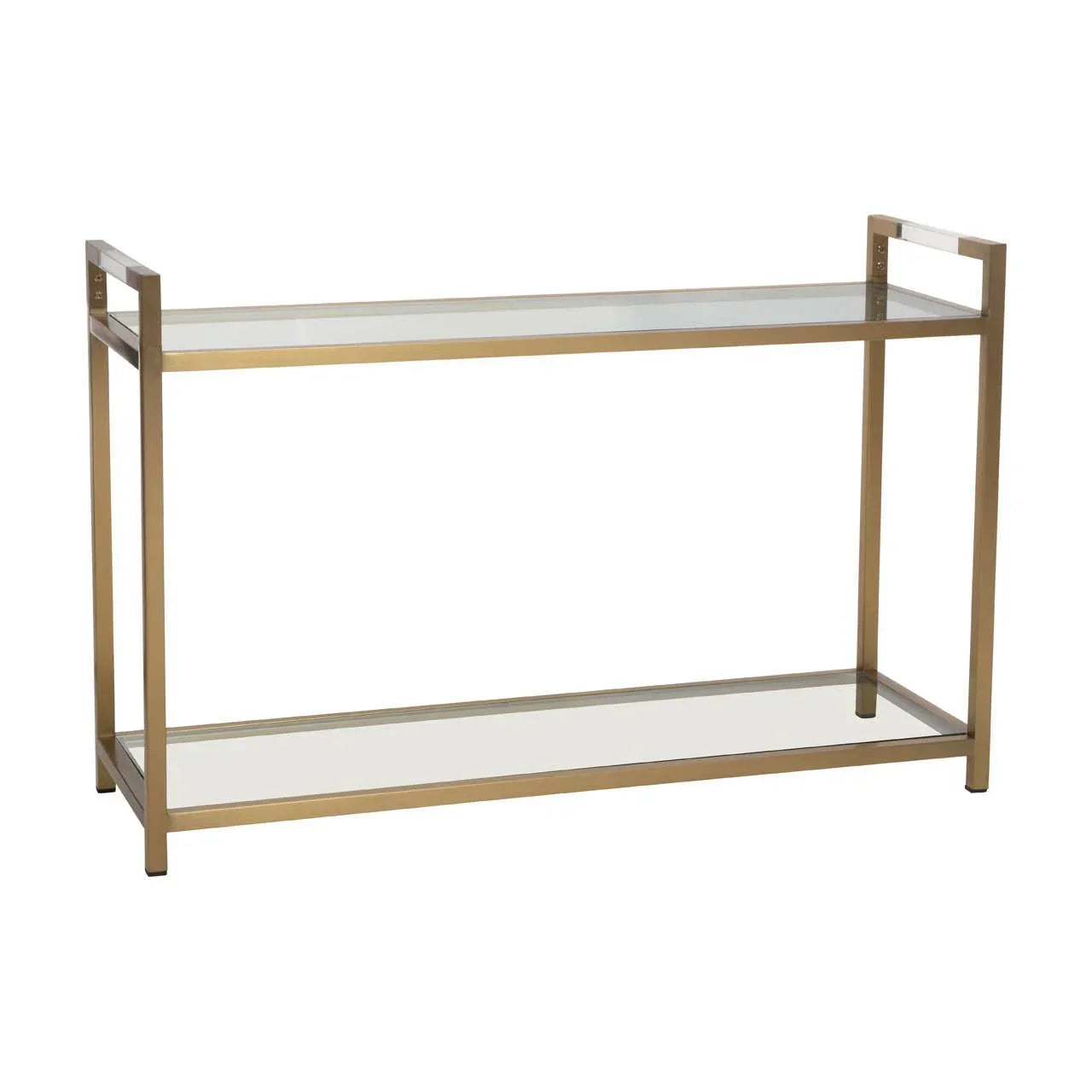 Gold metal and glass console table with two shelves, viewed from the front angle