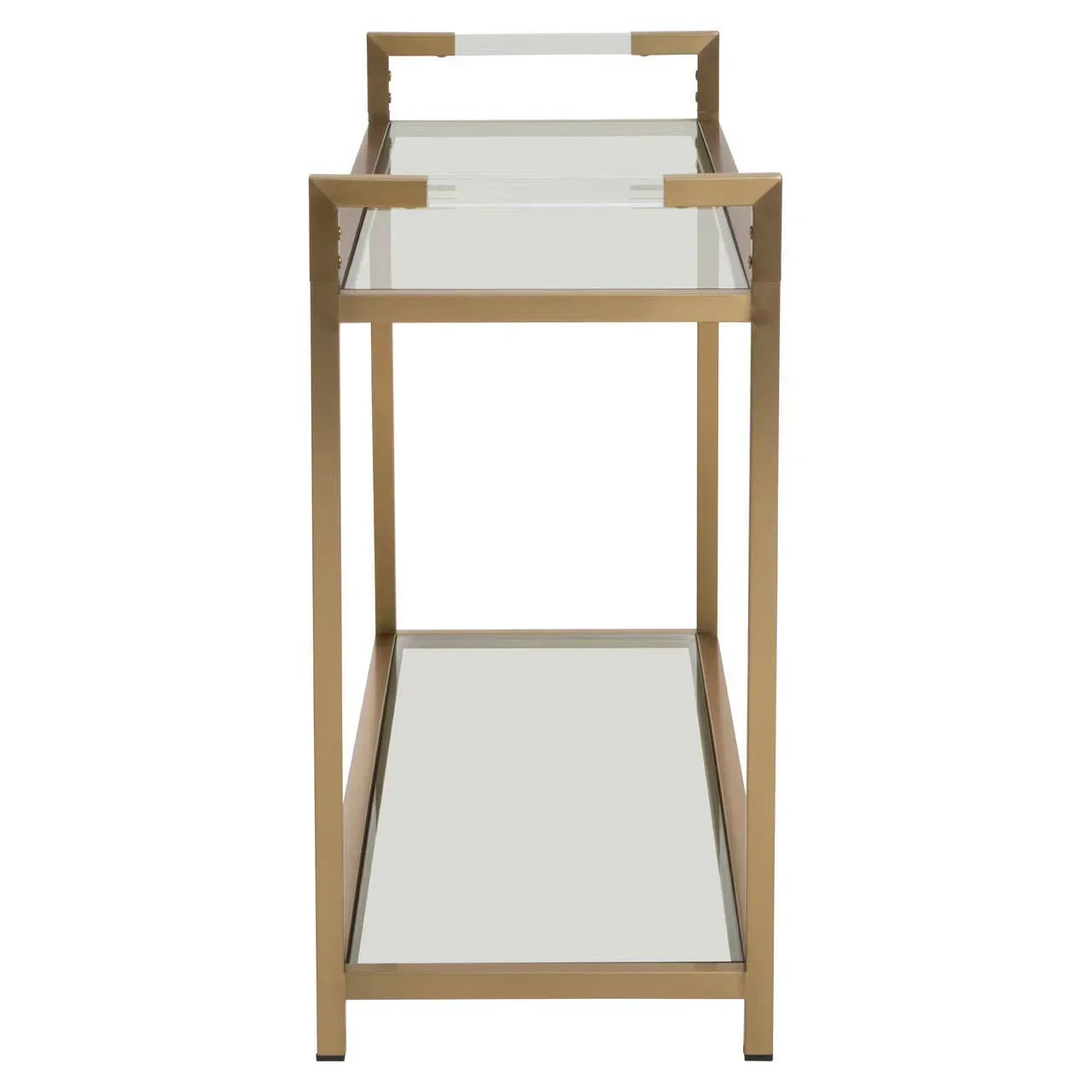 Gold metal bar cart with two glass shelves, viewed from the front