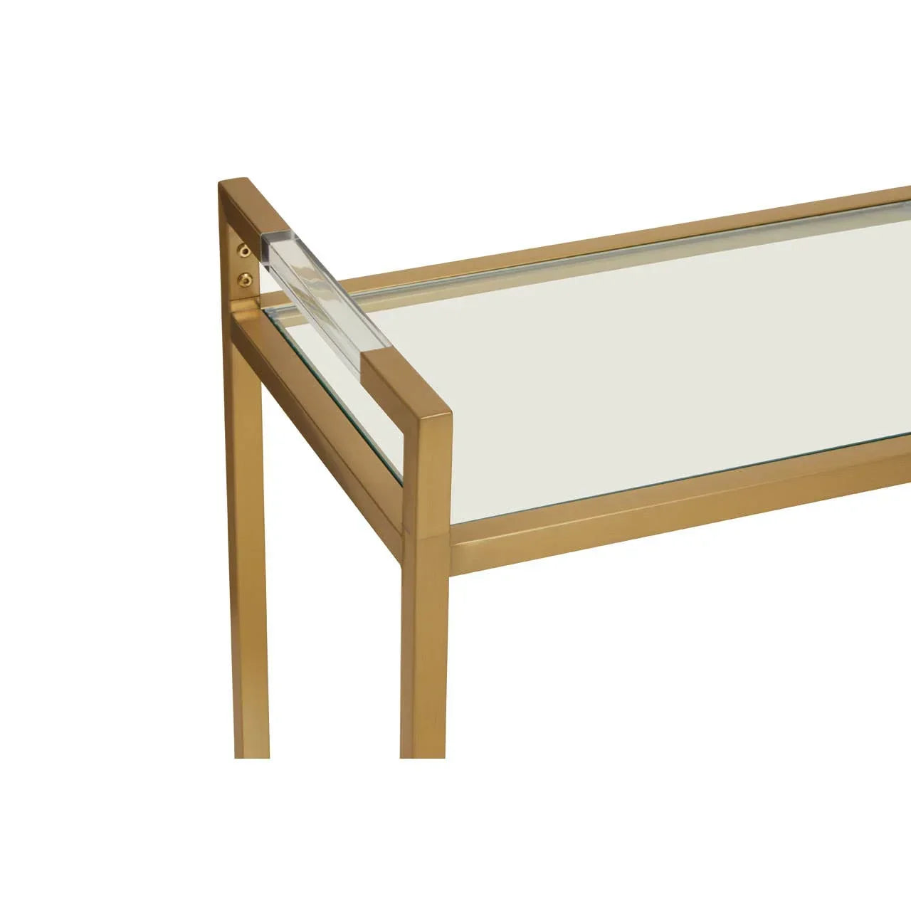 Gold metal console table with clear glass top and acrylic detail on the corner