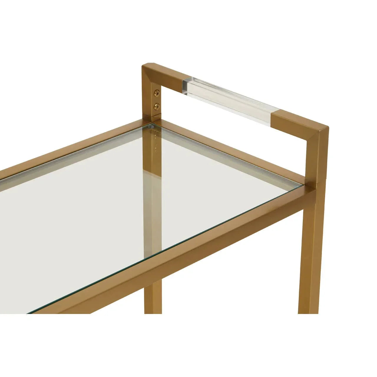 Gold metal and glass console table with clear acrylic handle, corner angle view