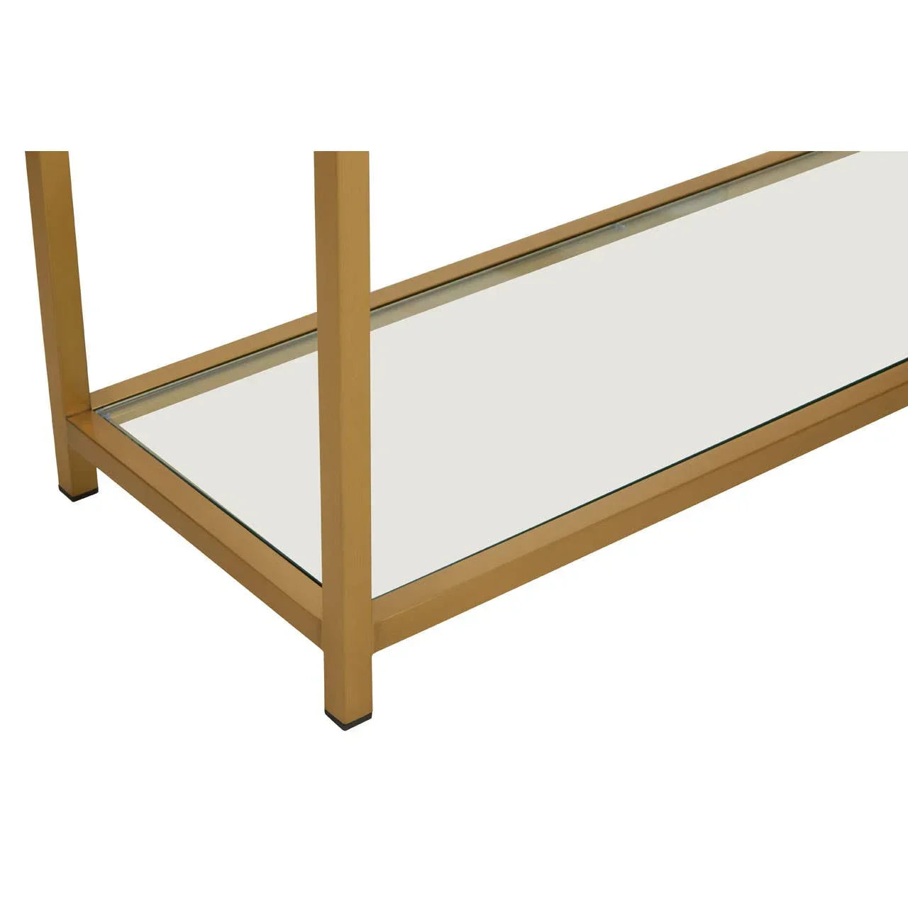 Gold metal console table leg and lower glass shelf closeup