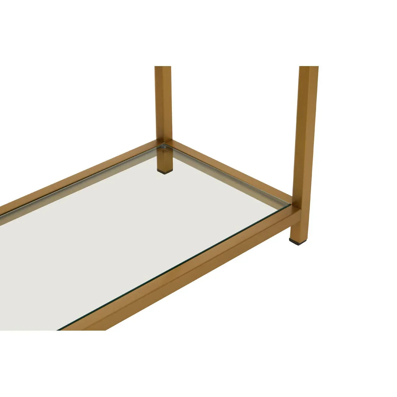 Gold metal table frame with clear glass shelf and square legs, close-up angle