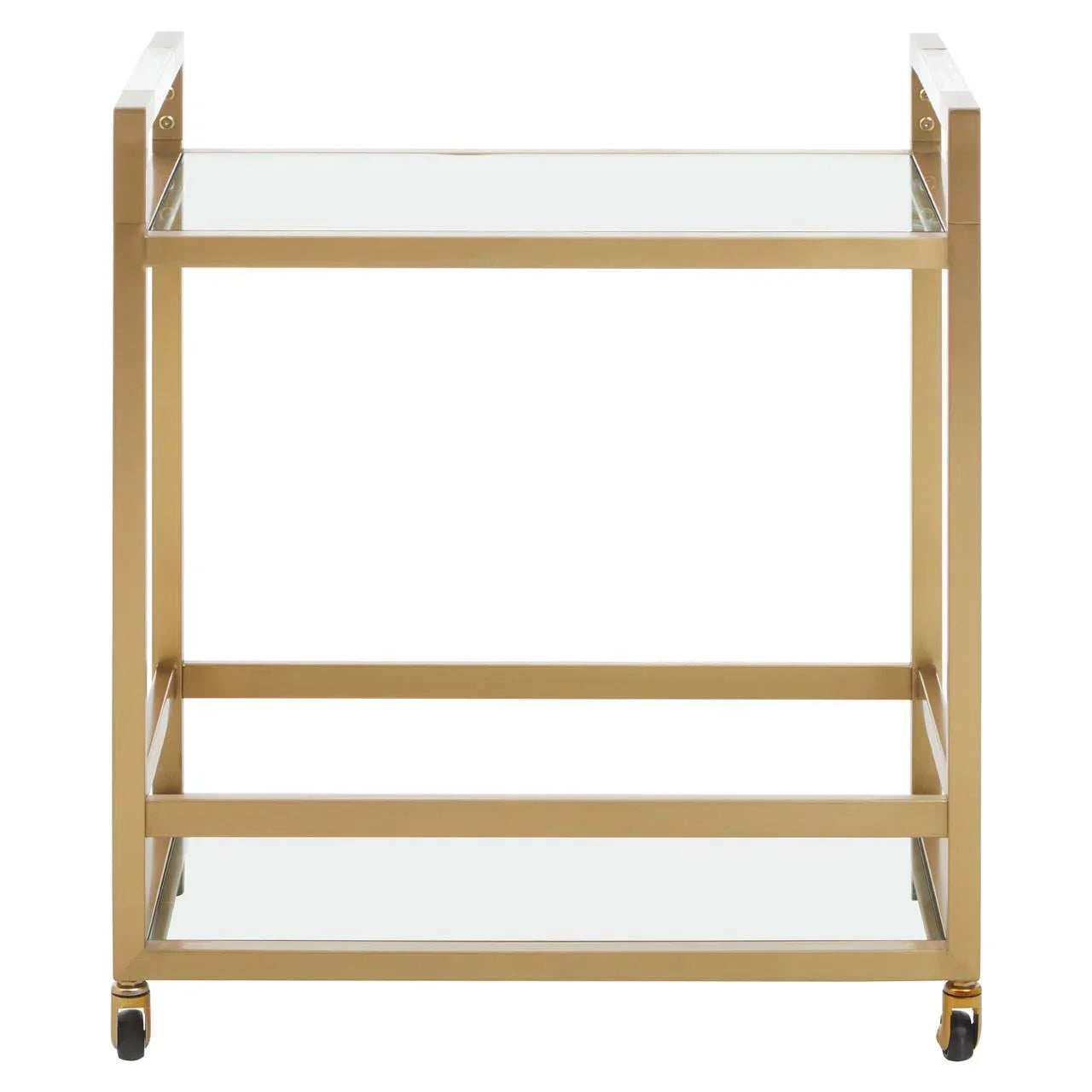 Gold metal bar cart with glass shelves and caster wheels